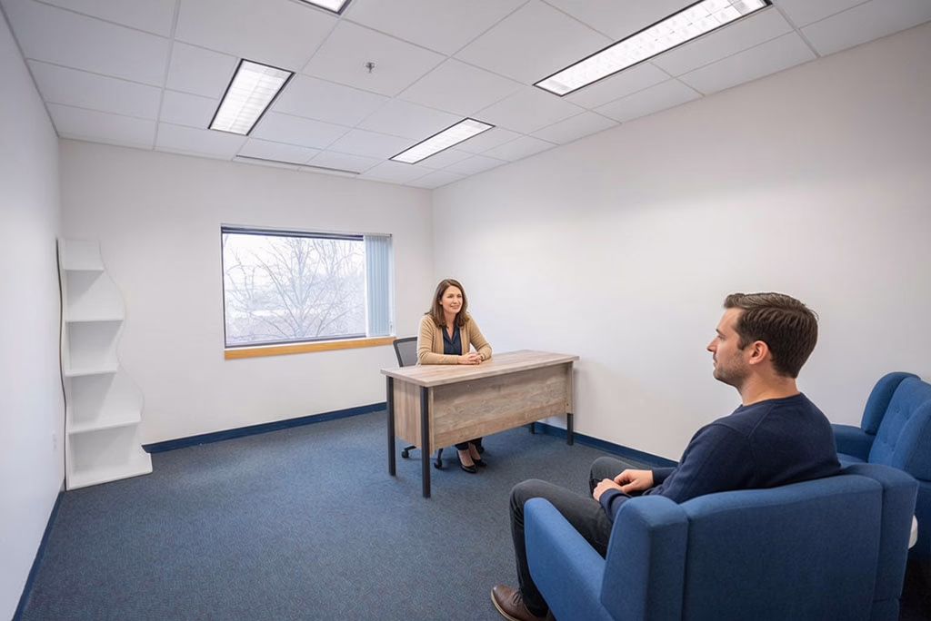 Therapist and client during a one-on-one individual therapy session at a mental health office in Bedford, MA