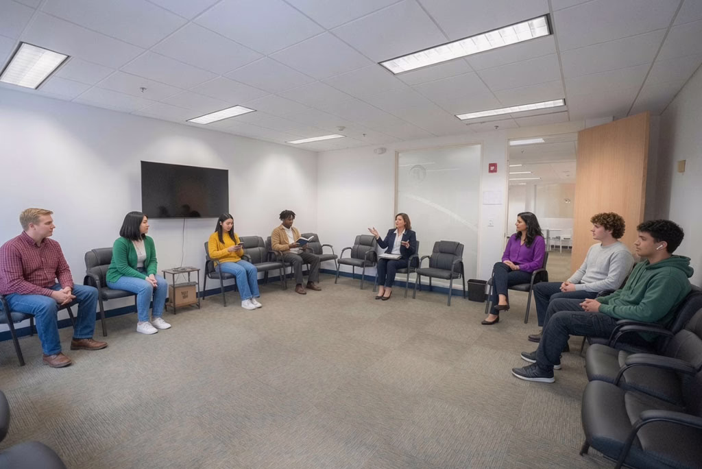 Counselor leading a group therapy session with adults seated in a circle at an outpatient mental health program